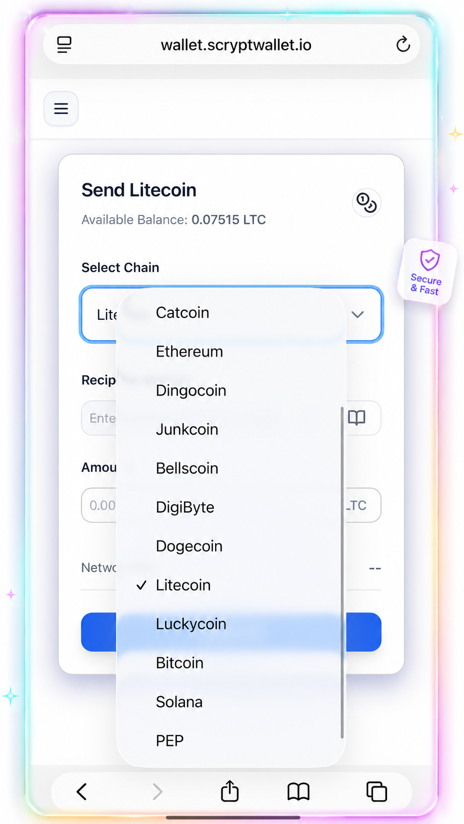 Select a supported chain in Scrypt Wallet