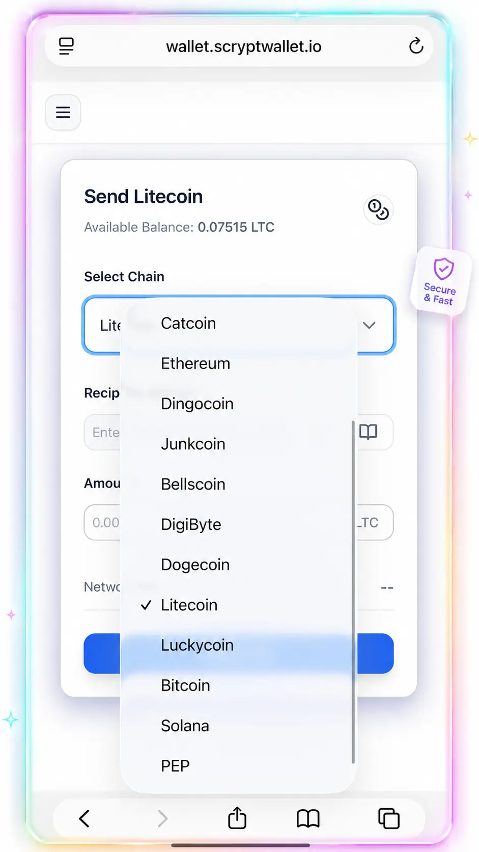 Select a supported chain in Scrypt Wallet