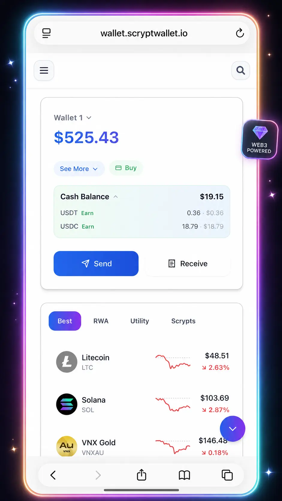 Scrypt Wallet dashboard with expanded cash balance