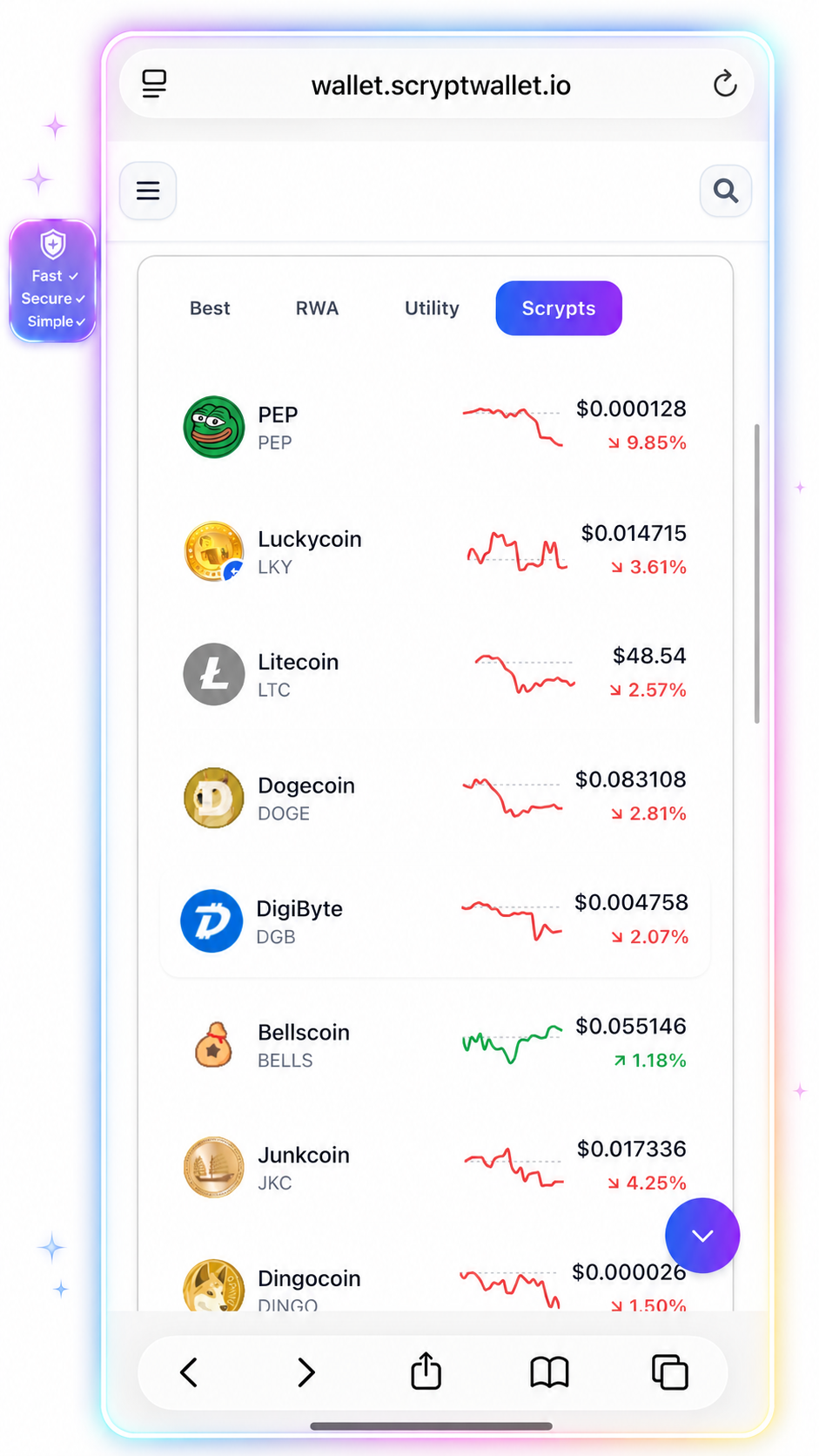 Scrypt Wallet Scrypts dashboard coin list