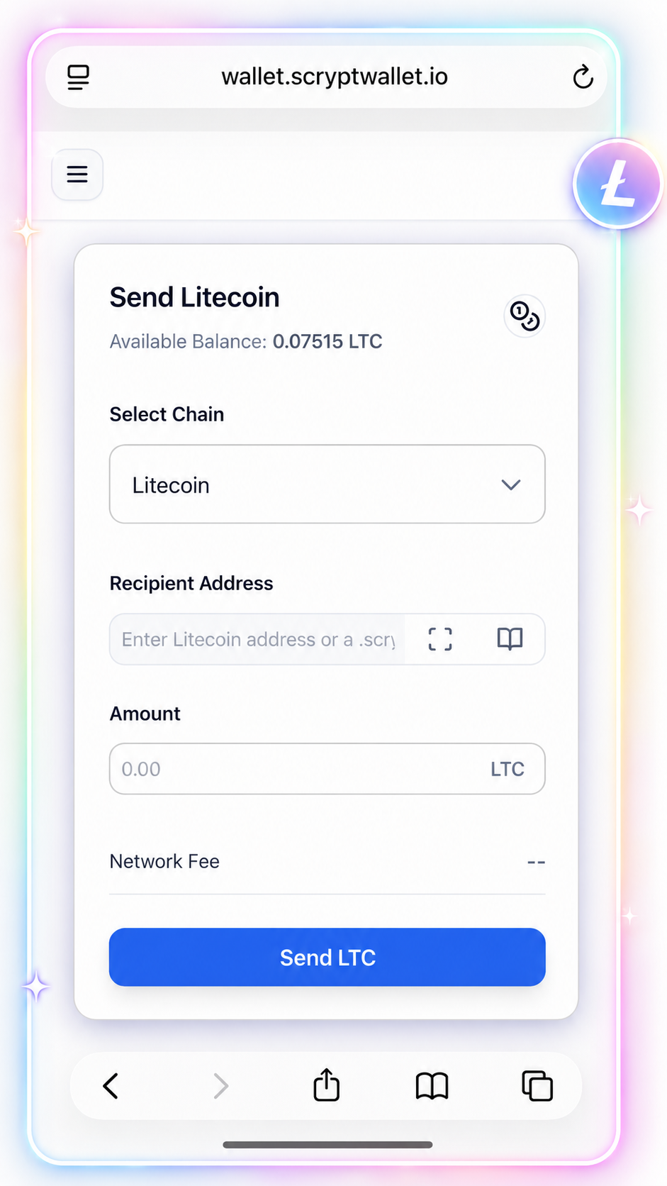 Send Litecoin securely from Scrypt Wallet