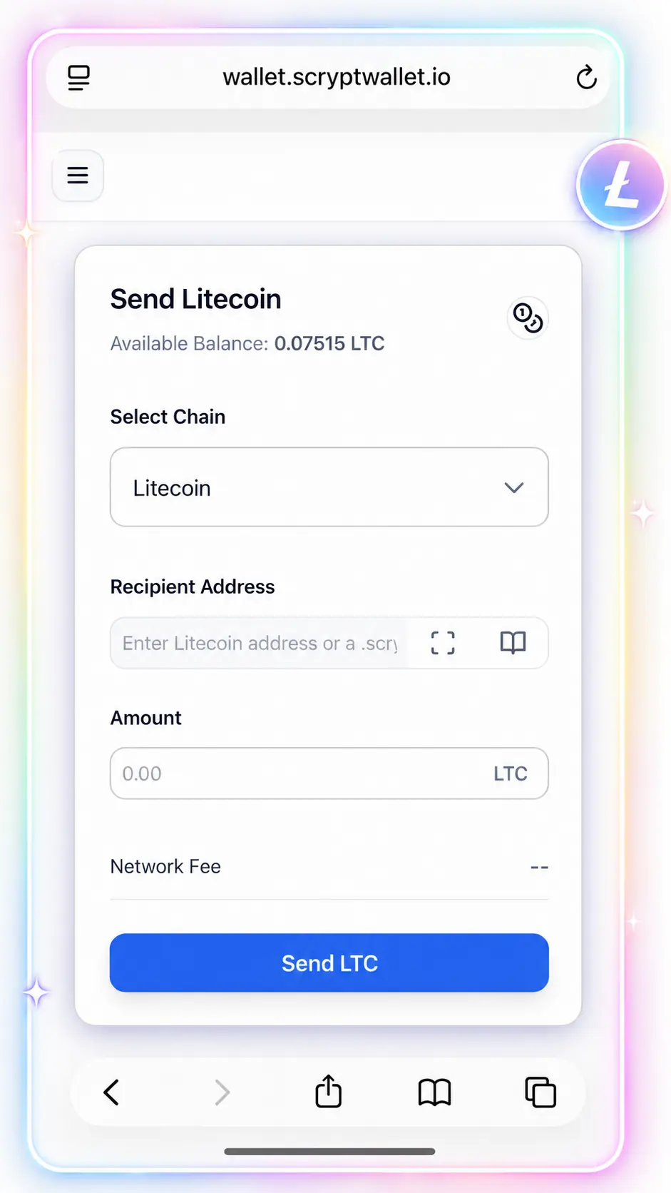 Send Litecoin securely from Scrypt Wallet